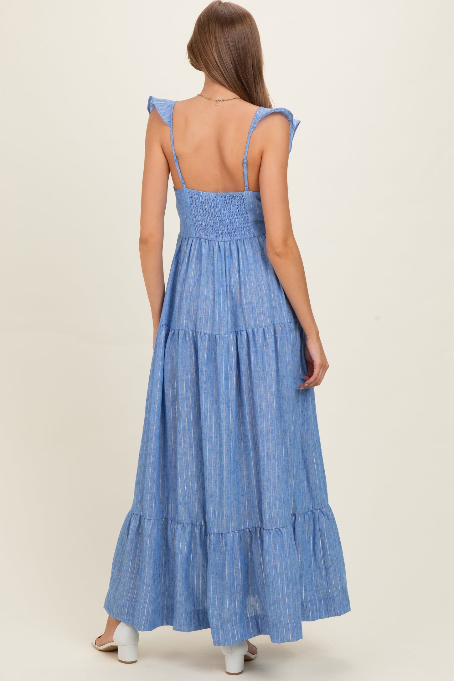 Blue Striped Flounce Neckline Button Down Maternity Maxi Dress