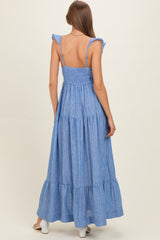 Blue Striped Flounce Neckline Button Down Maternity Maxi Dress