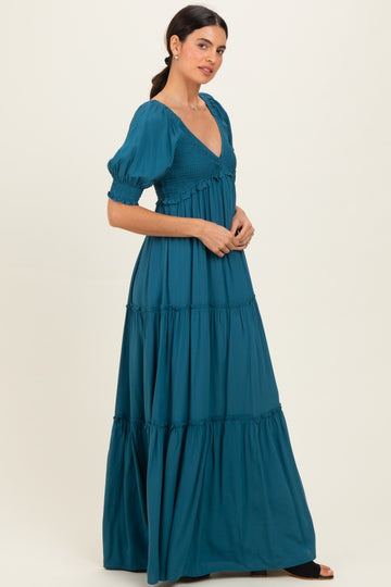 Teal V-Neck Smocked Tiered Maxi Dresses