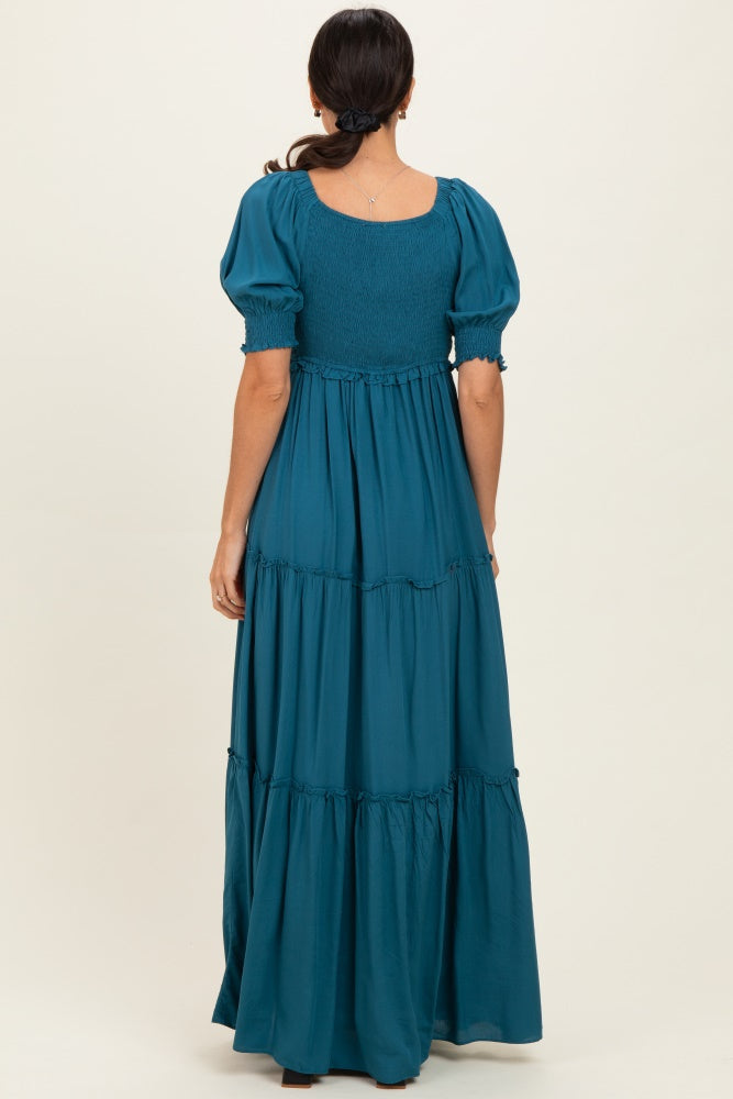 Teal V-Neck Smocked Tiered Maxi Dresses