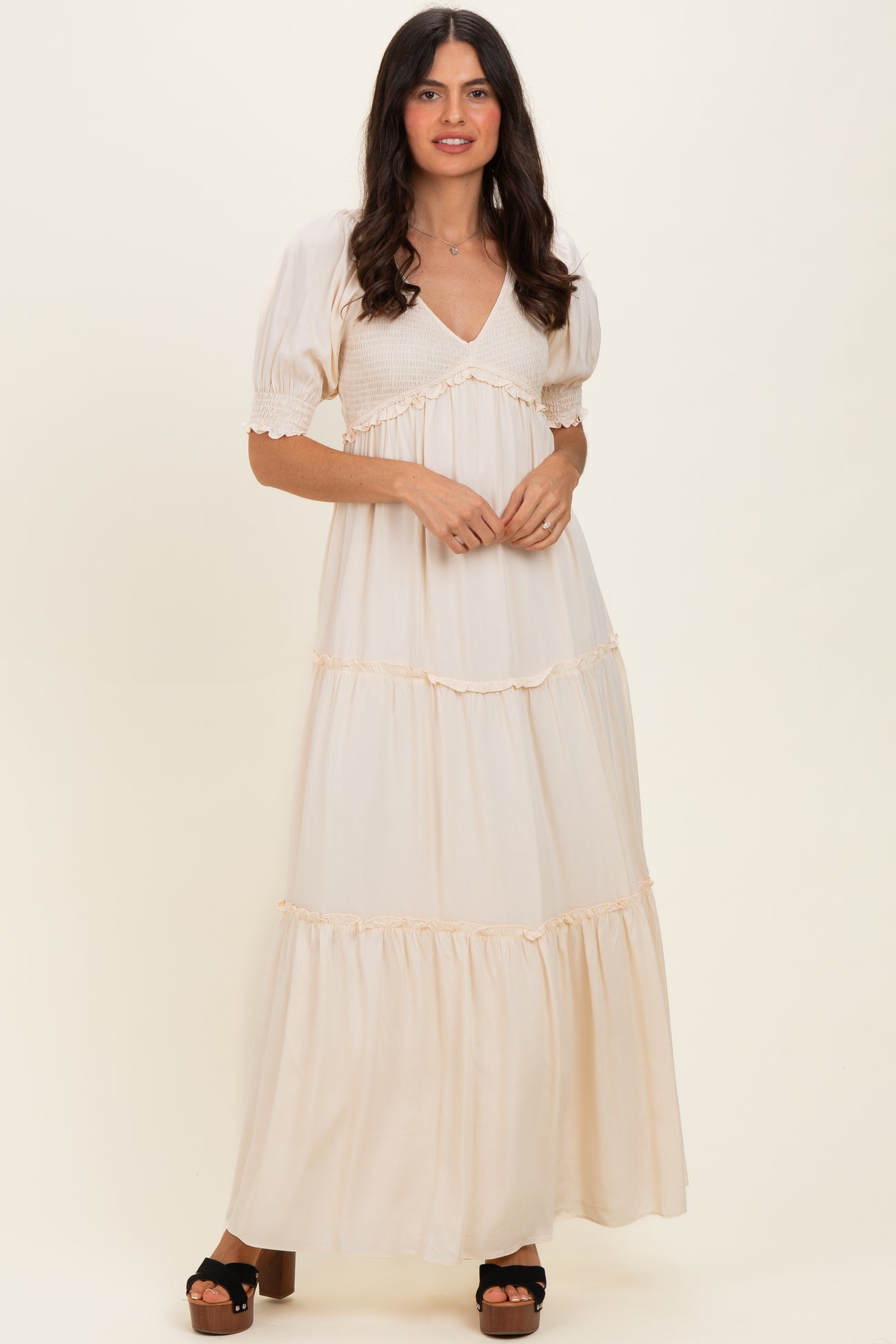 Cream V-Neck Smocked Tiered Maternity Maxi Dresses