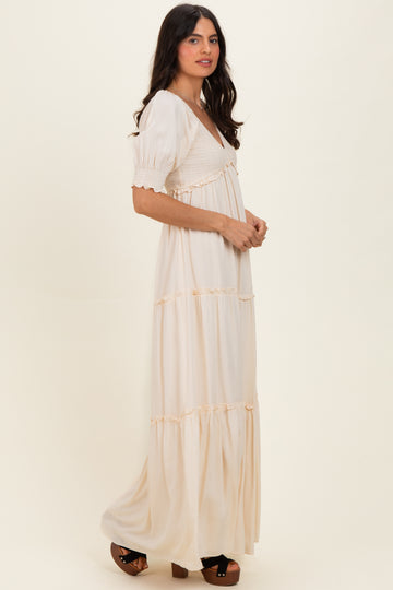 Cream V-Neck Smocked Tiered Maxi Dresses