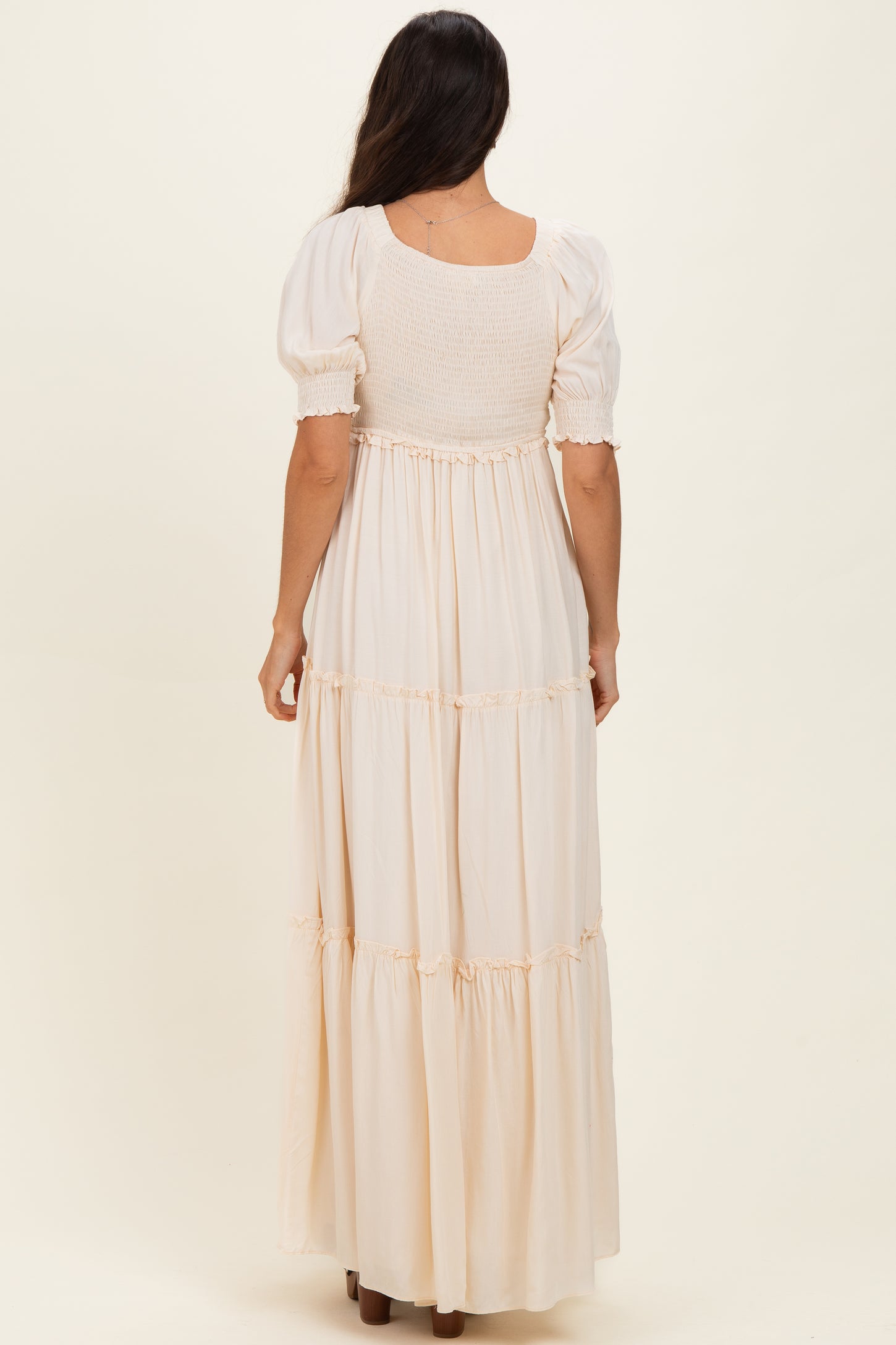 Cream V-Neck Smocked Tiered Maxi Dresses