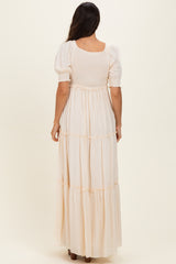 Cream V-Neck Smocked Tiered Maxi Dresses