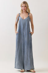 Denim V-Neck Tie Wide Leg Jumpsuit