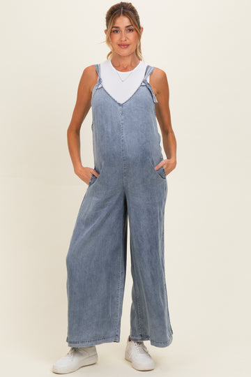 Denim V-Neck Tie Wide Leg Maternity Jumpsuit