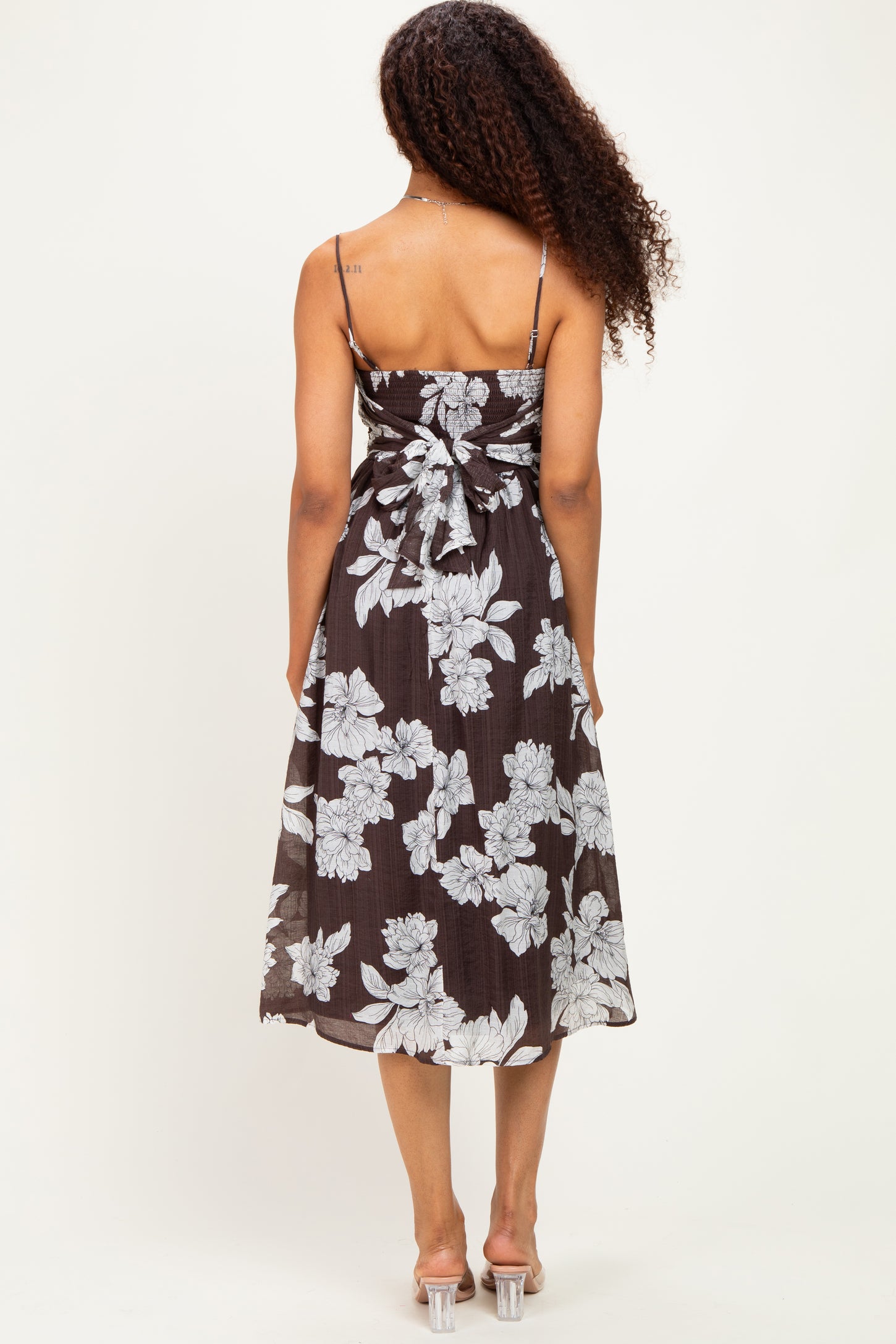 Brown Floral Tie Back Midi Dress