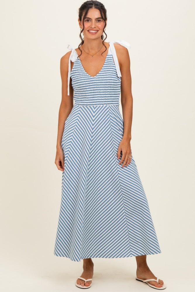 Light Blue Striped Smocked Shoulder Tie Midi Dress