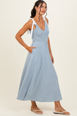 Light Blue Striped Smocked Shoulder Tie Midi Dress