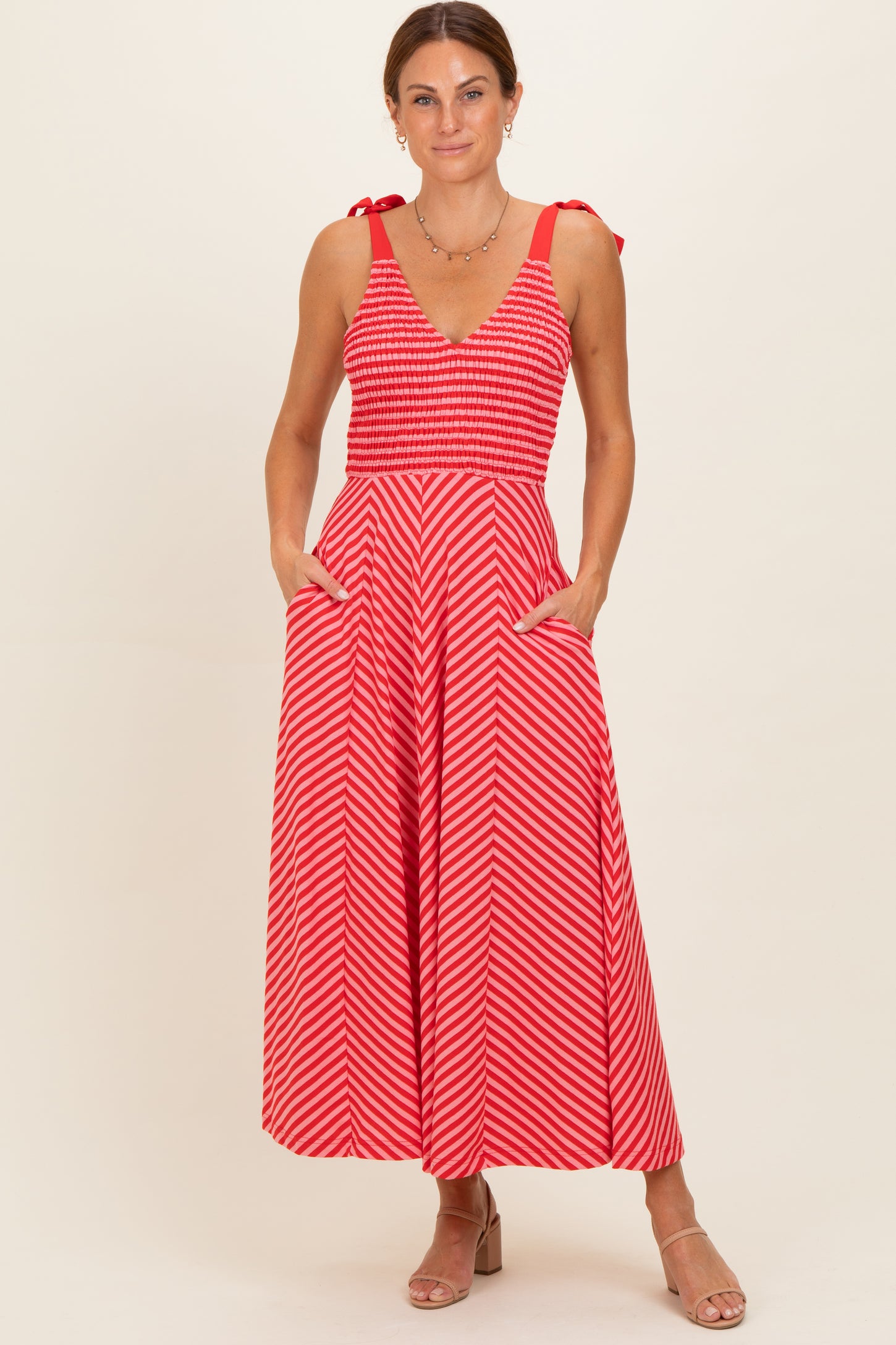 Red Striped Smocked Shoulder Tie Maternity Midi Dress