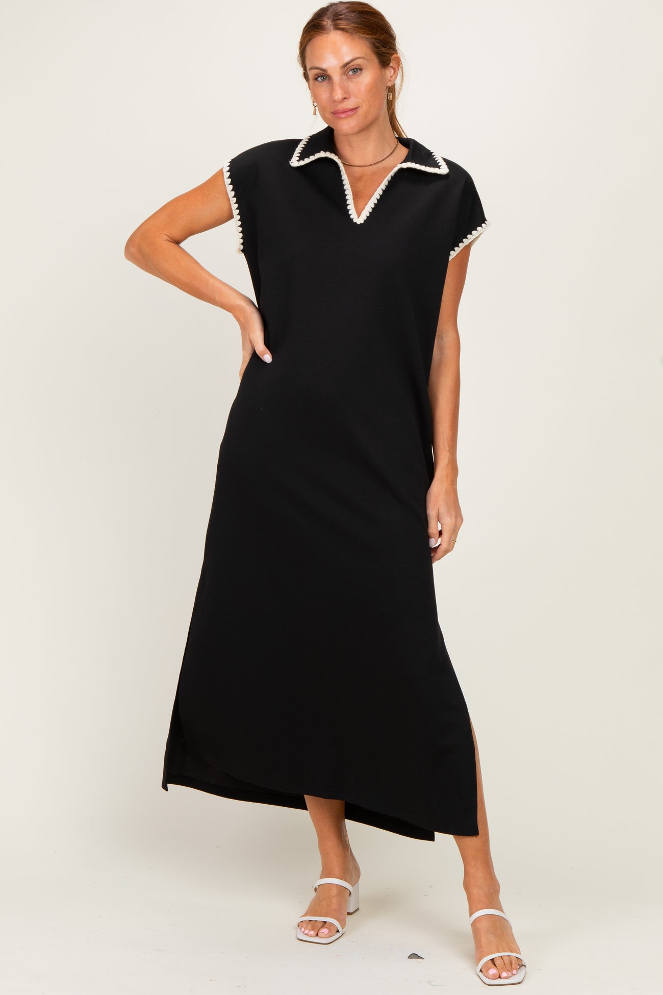 Black Stitch Detail Collared Maternity Midi Dress