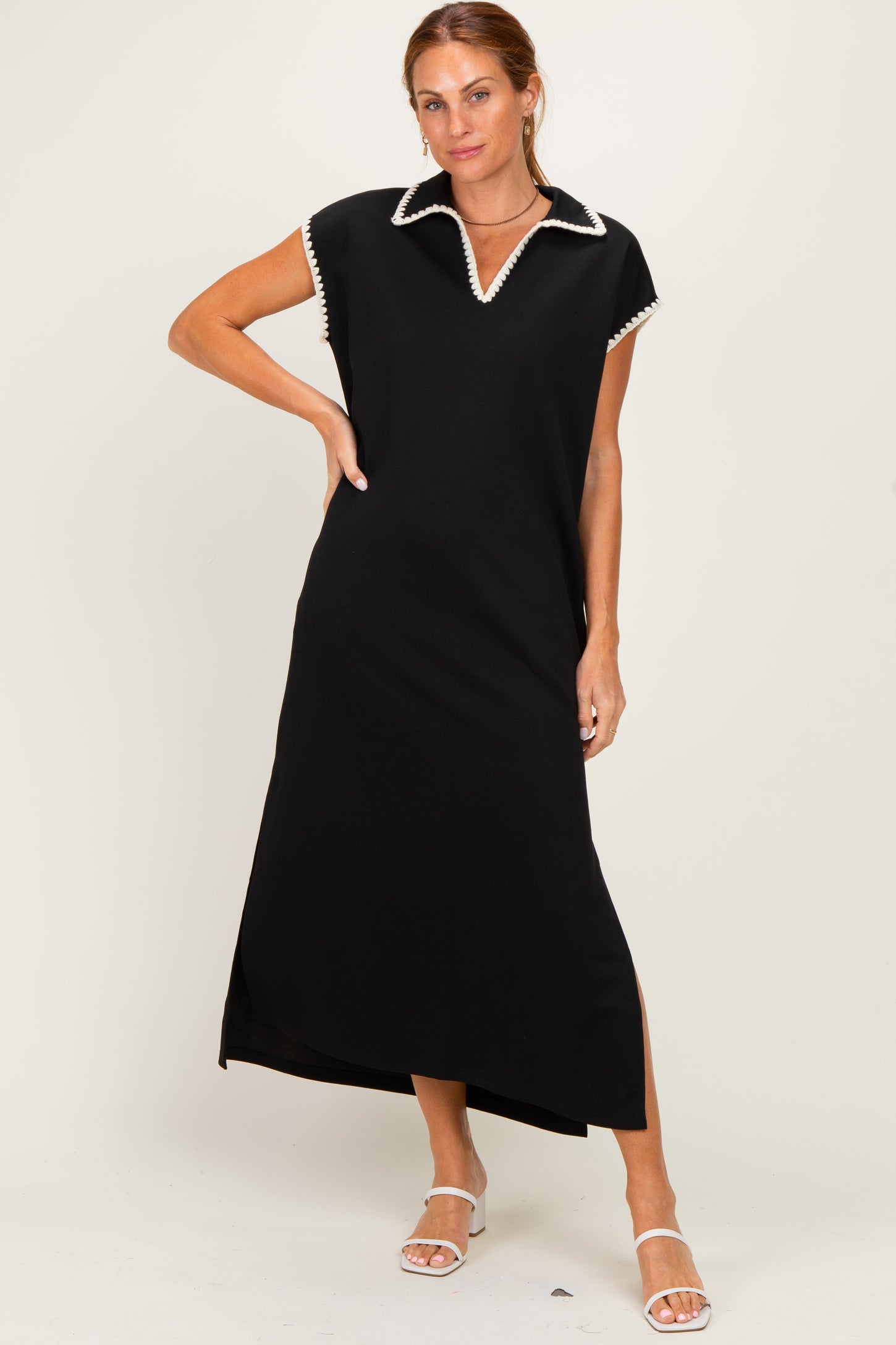 Black Stitch Detail Collared Maternity Midi Dress