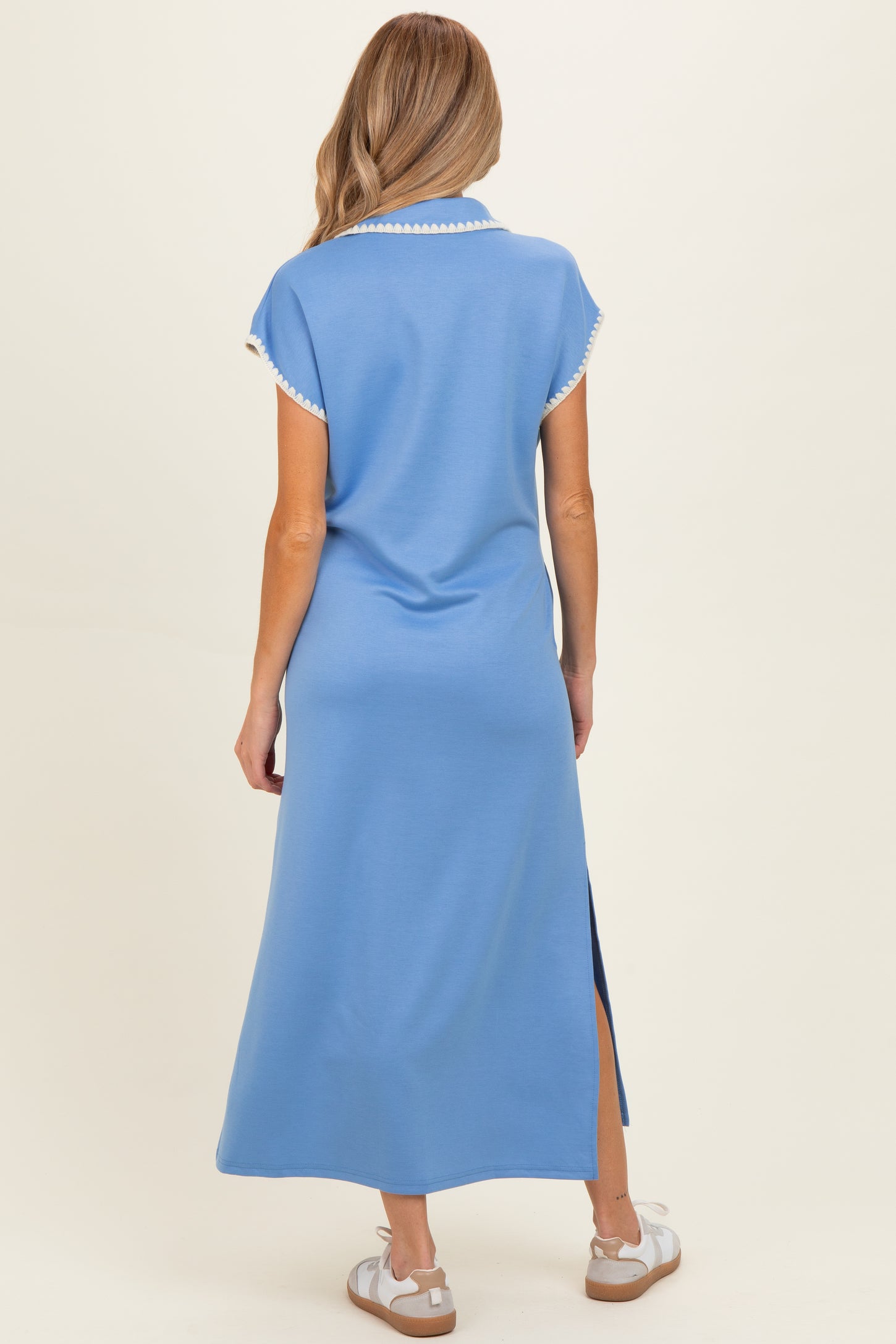 Blue Stitch Detail Collared Maternity Midi Dress