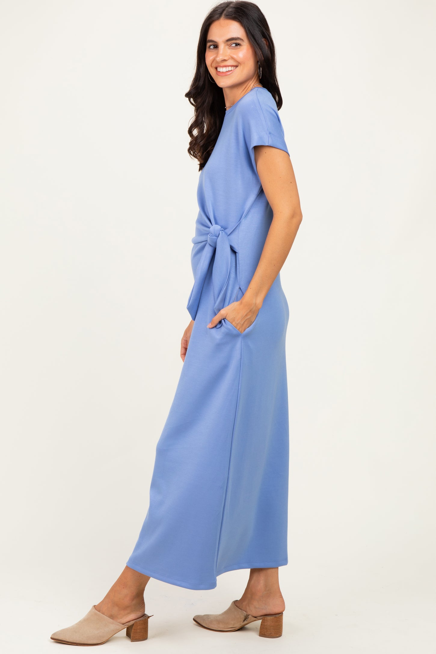 Blue Side Tie Short Sleeve Midi Dress