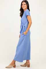 Blue Side Tie Short Sleeve Midi Dress