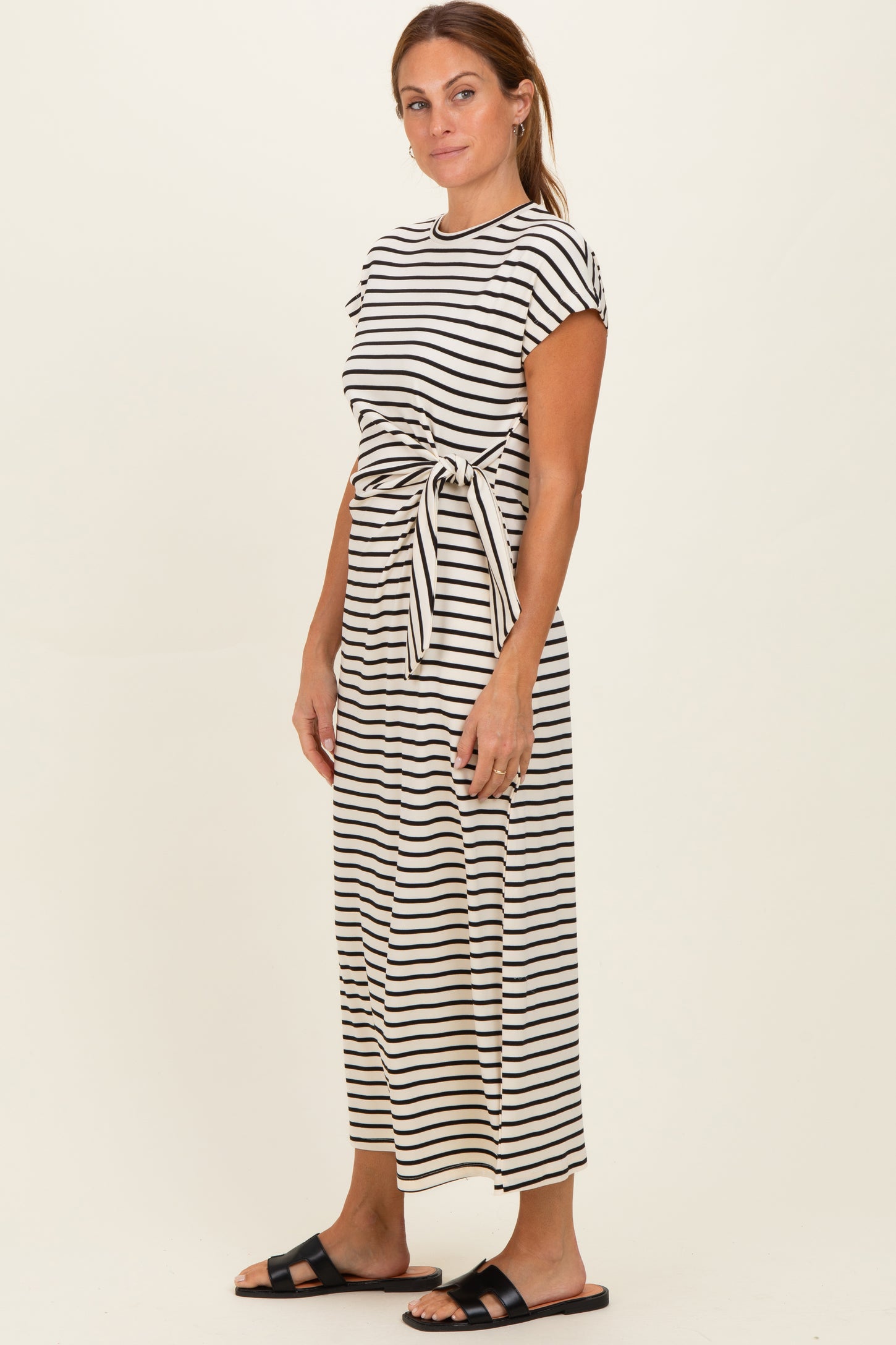 Cream Striped Side Tie Midi Dress