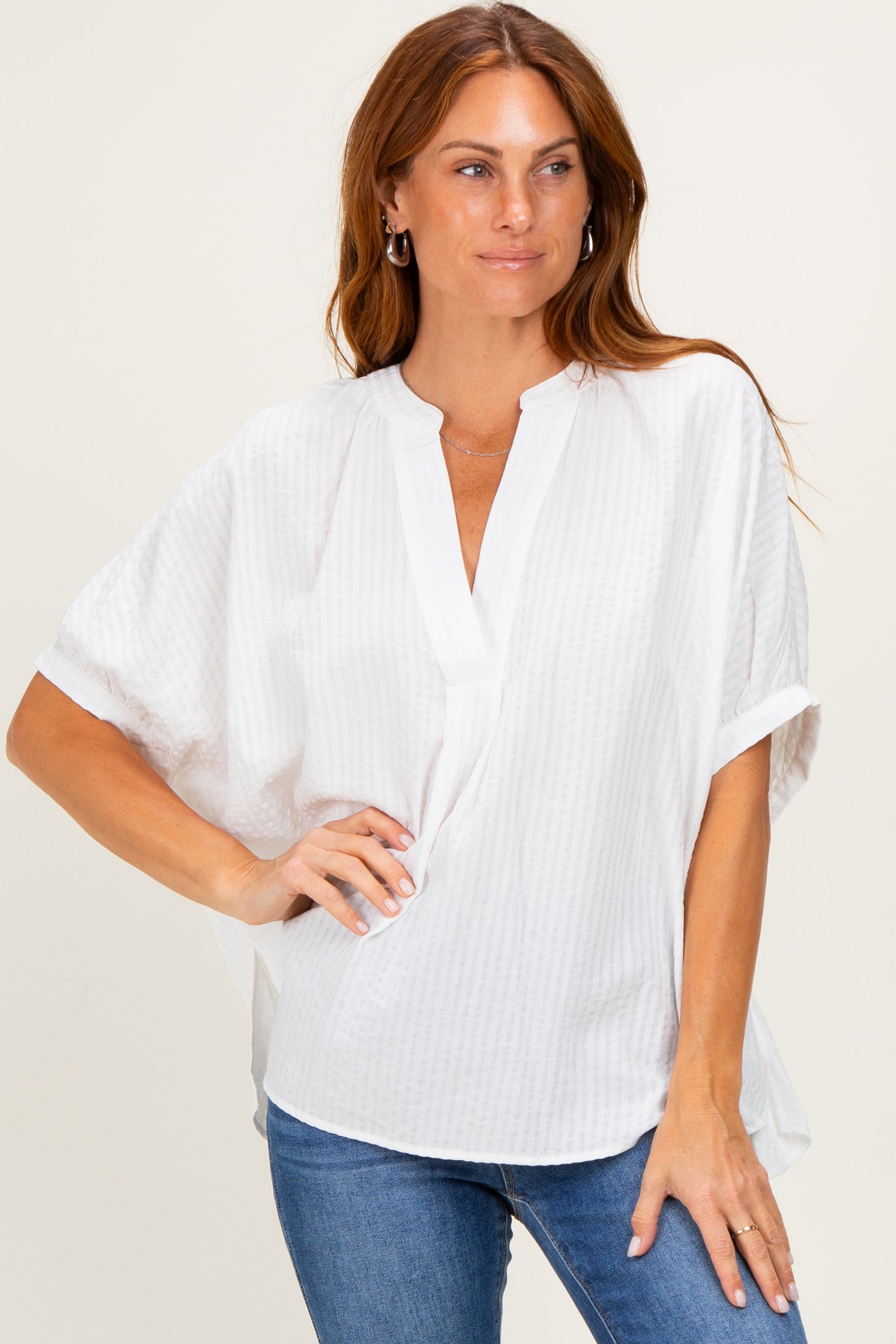 Off White Textured Stripe Oversized Maternity Blouse