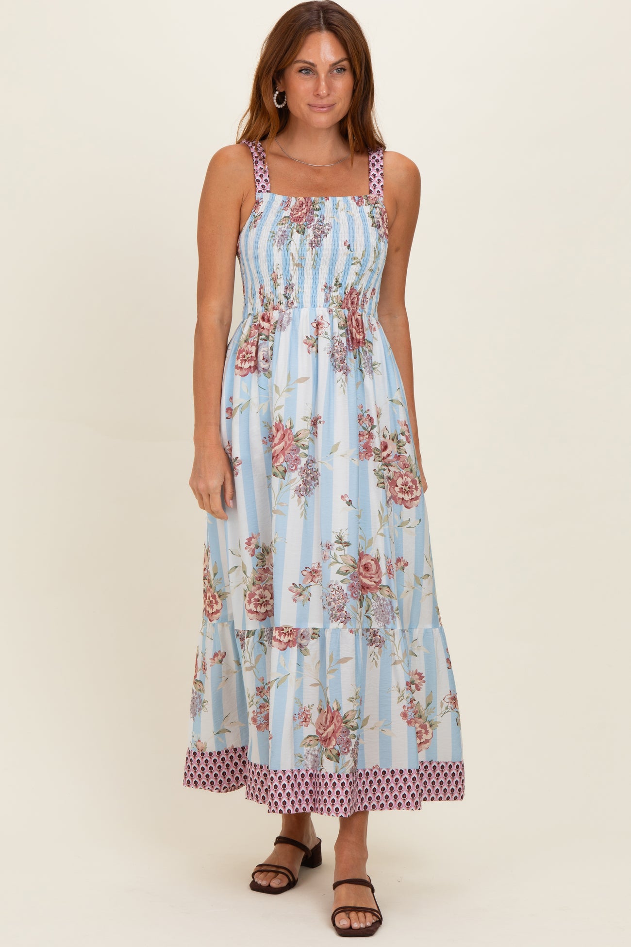 French Blue Floral Striped Contrast Strap Maternity Maxi Dress