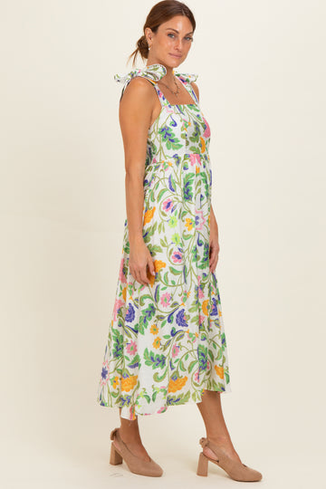 Lemongrass Floral Shoulder Tie Midi Dress