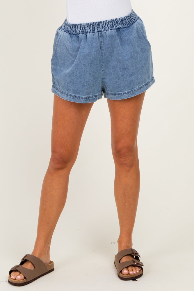Light Denim Elastic Waist Chambray Shorts
