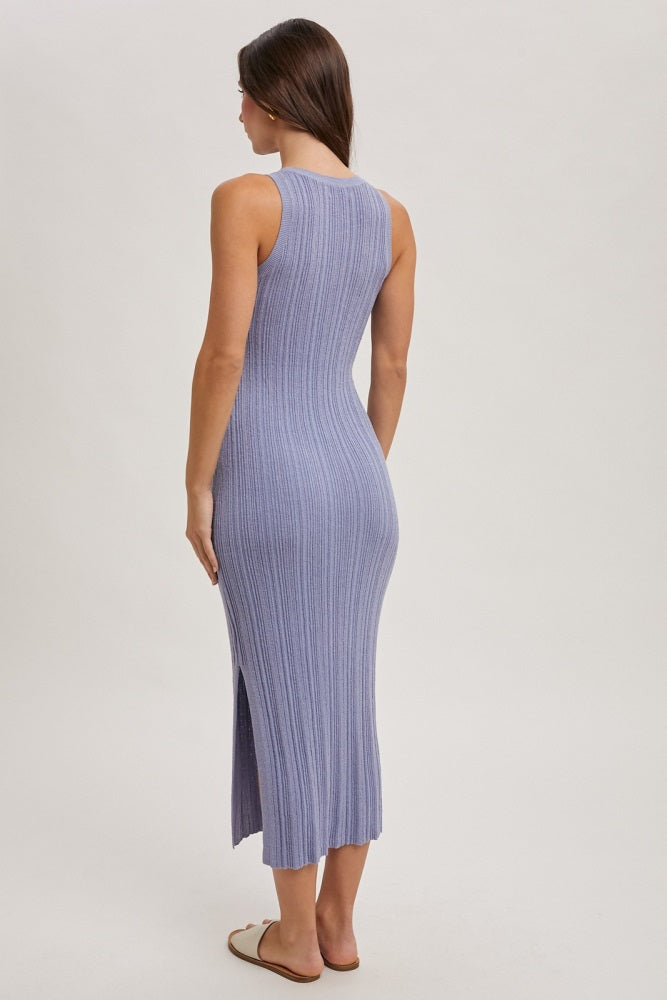 Chambray Blue High Neck Side Slit Midi Dress