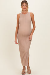 Latte High Neck Side Slit Maternity Midi Dress