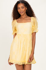 Yellow Floral Applique Puff Sleeve Mini Dress