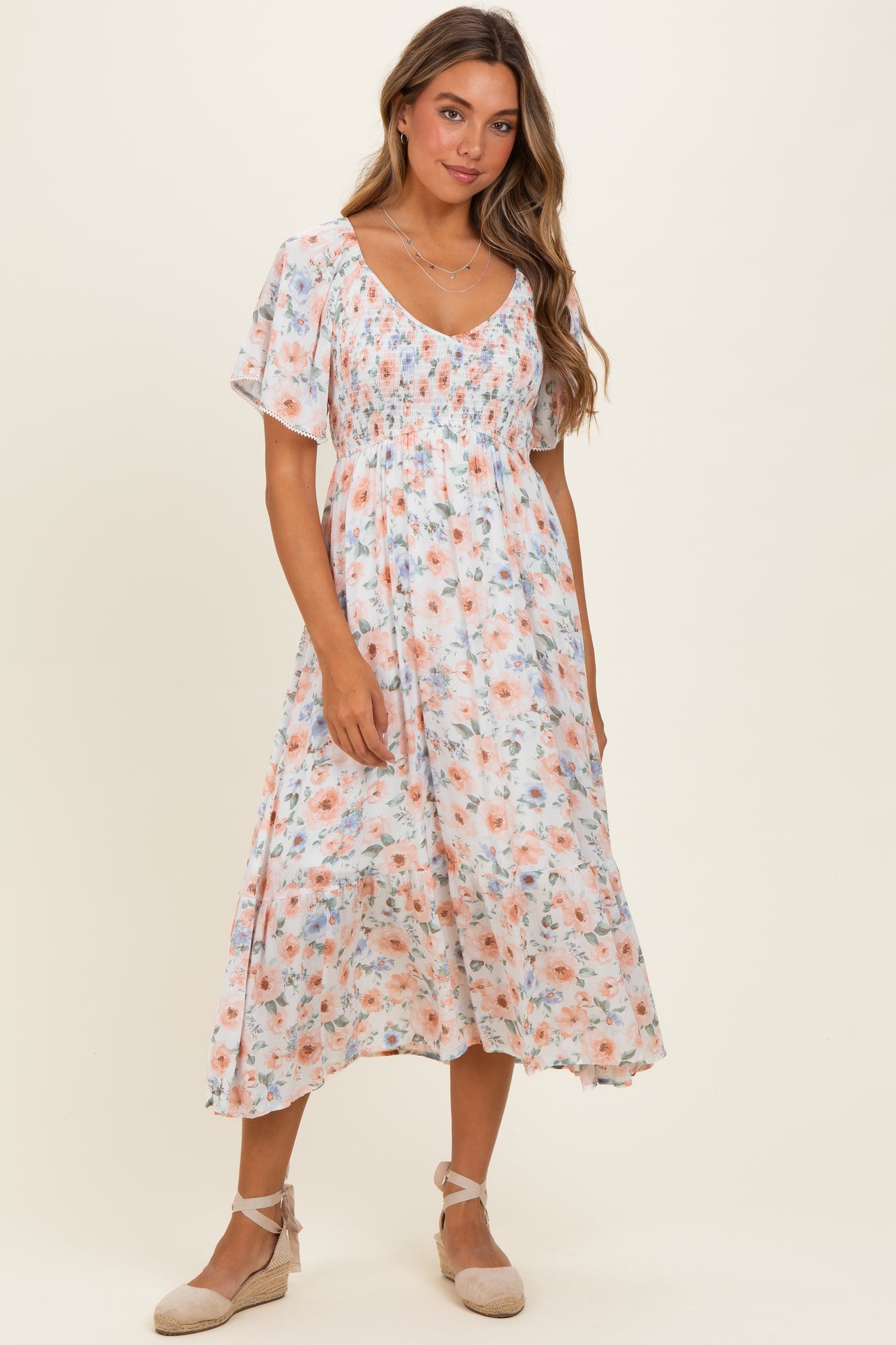 Multicolor Floral Smocked Flutter Sleeve Maternity Maxi Dress