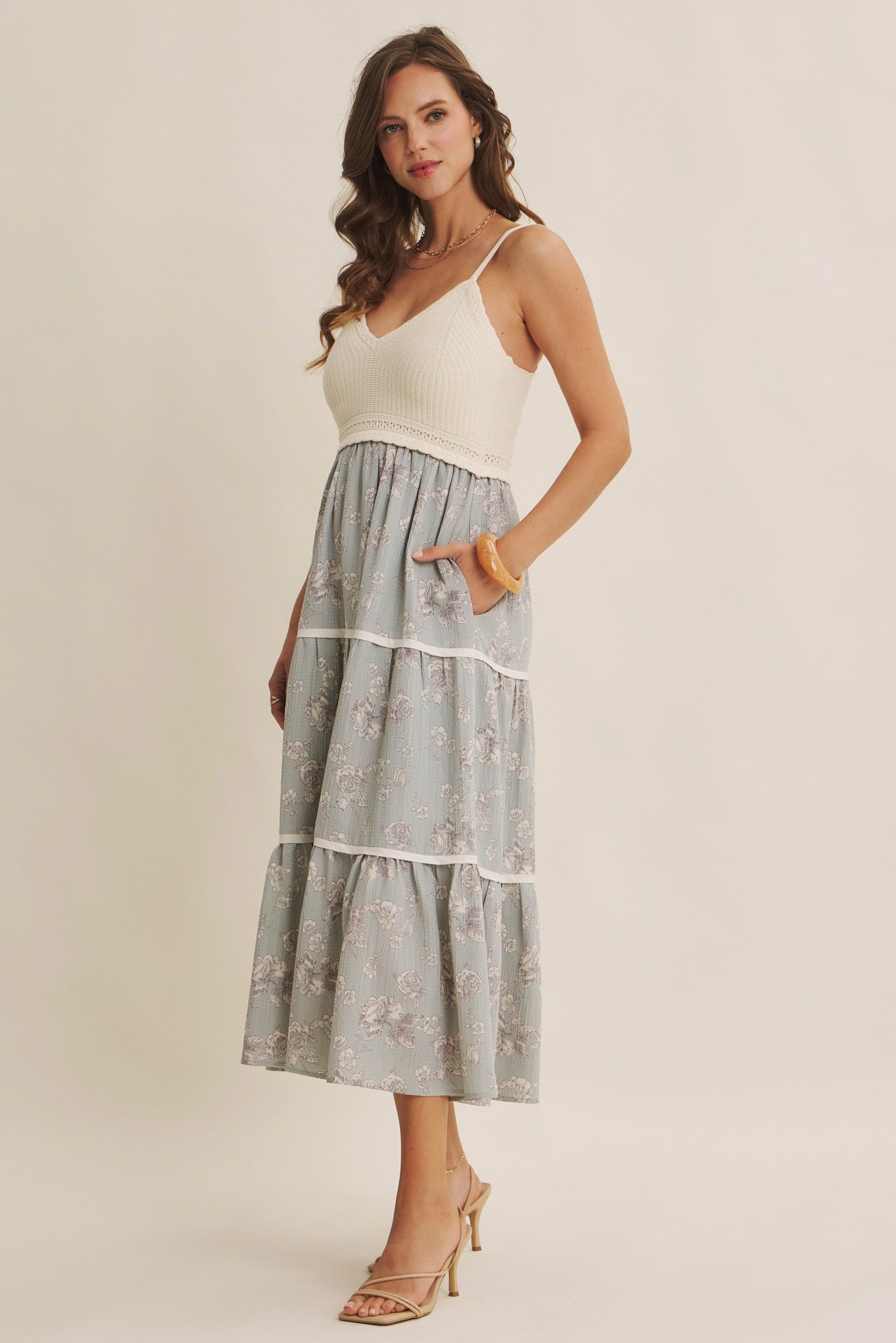 Dusty Mint Floral Crochet Knit Top Floral Skirt Dress