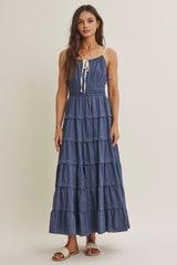 Denim Blue Smocked Waist Tiered Maternity Maxi Dress