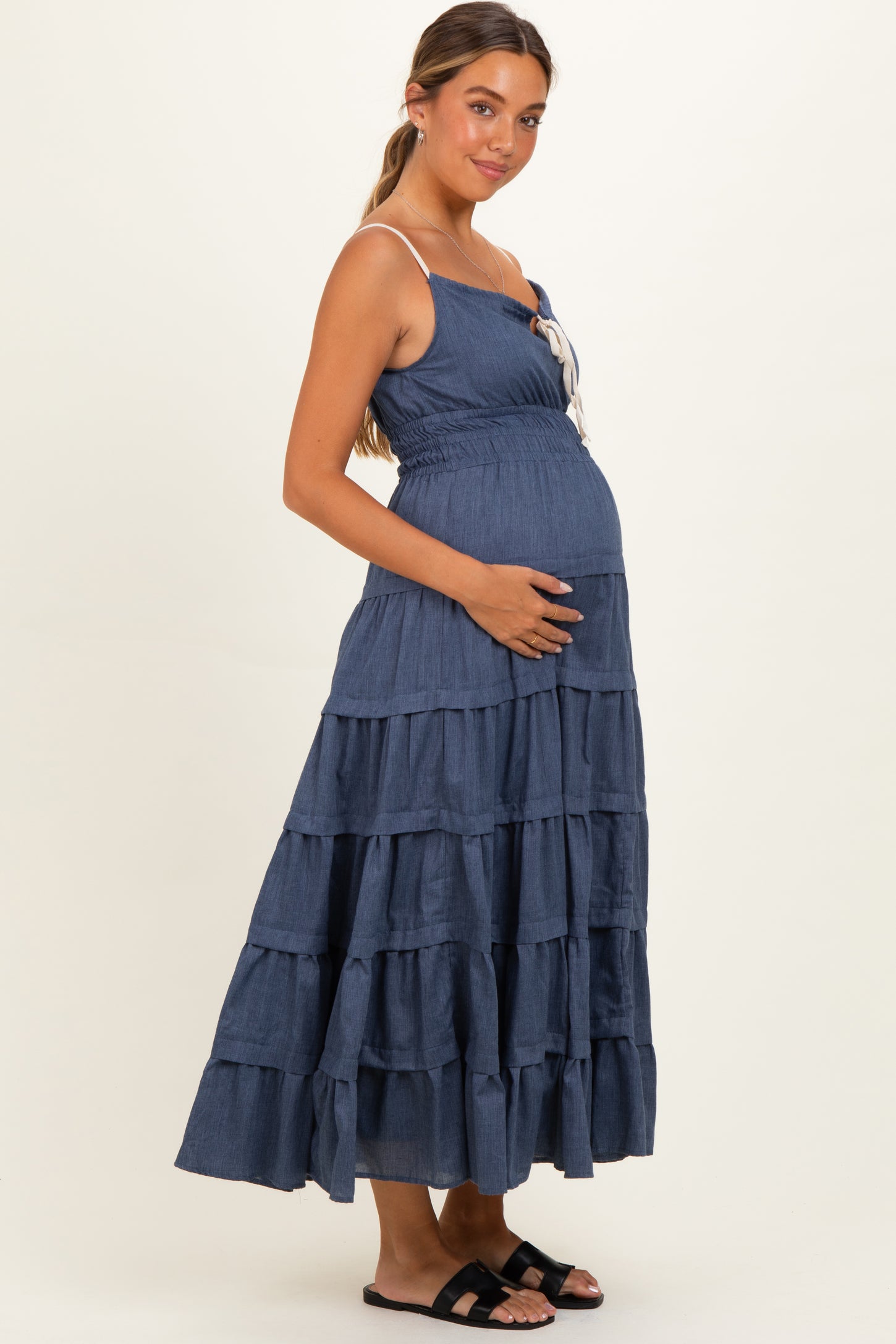 Denim Blue Smocked Waist Tiered Maternity Maxi Dress