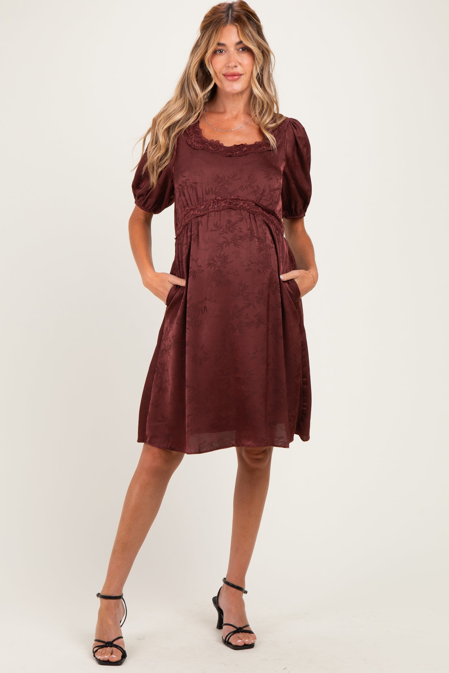 Brown Short Sleeve Lace Trim Maternity Dress