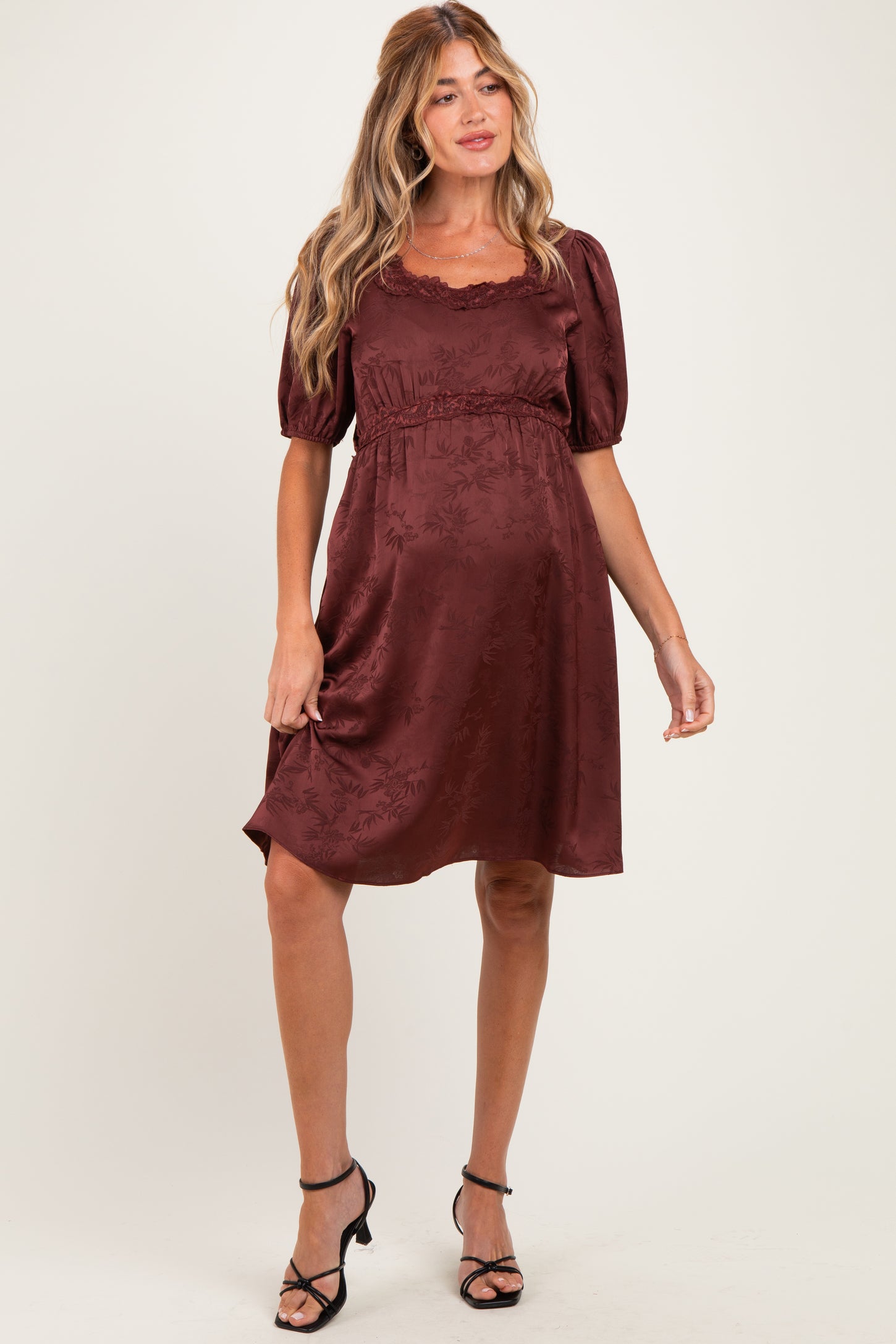 Brown Short Sleeve Lace Trim Maternity Dress
