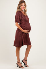 Brown Short Sleeve Lace Trim Maternity Dress