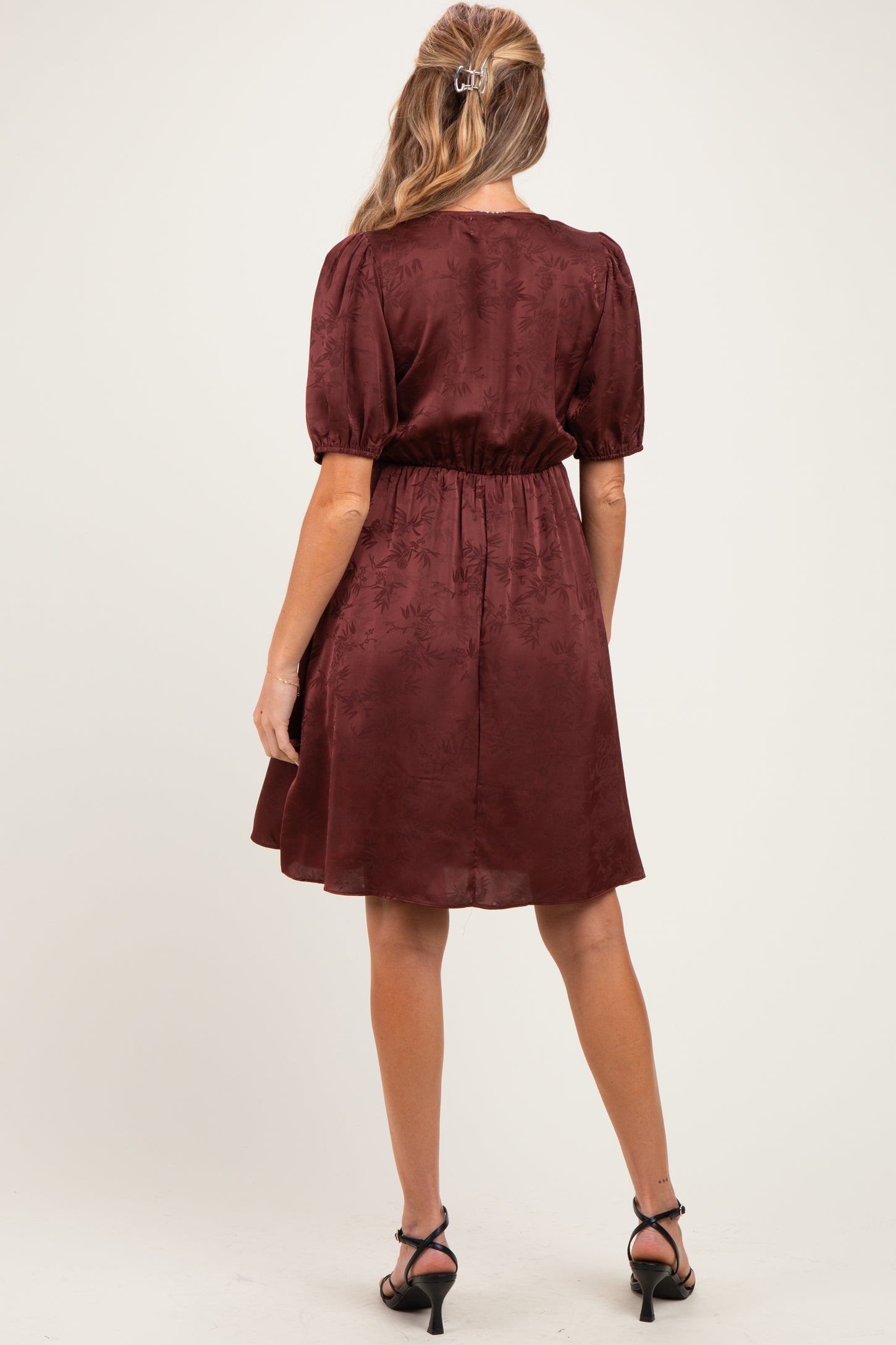 Brown Short Sleeve Lace Trim Maternity Dress