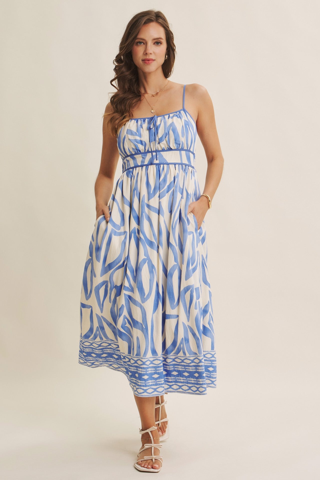Blue Printed Front Tie Midi Dress