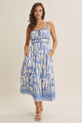 Blue Printed Front Tie Midi Dress