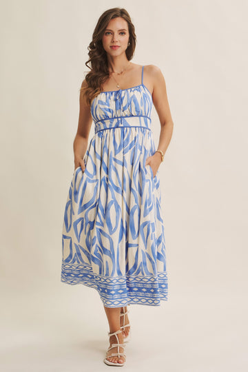 Blue Printed Front Tie Midi Dress