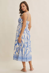 Blue Printed Front Tie Midi Dress