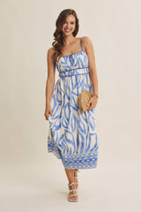Blue Printed Front Tie Midi Dress