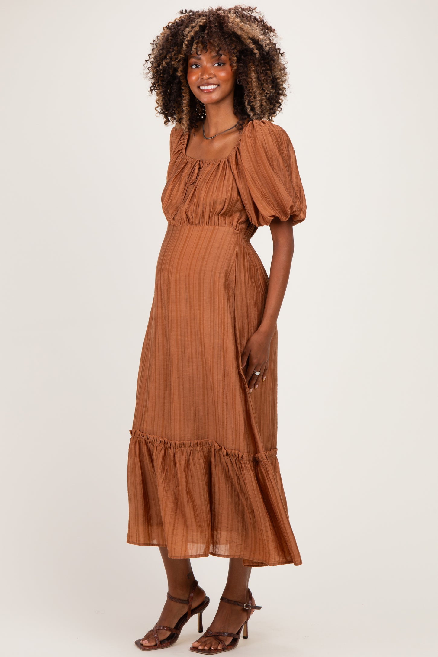 Mocha Textured Woven Square Neck Maternity Midi Dress