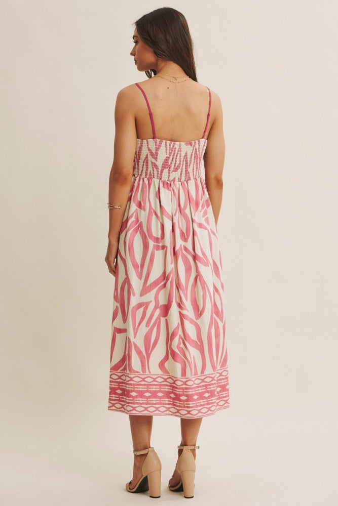 Pink Printed Front Tie Midi Dress