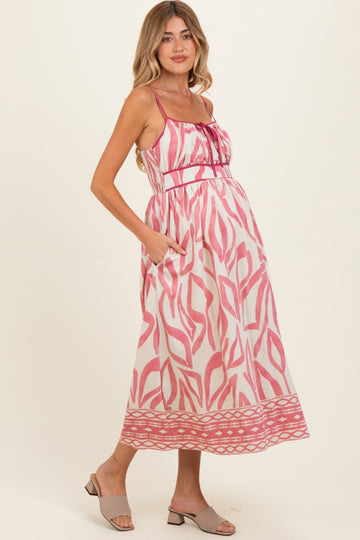 Pink Printed Front Tie Maternity Midi Dress
