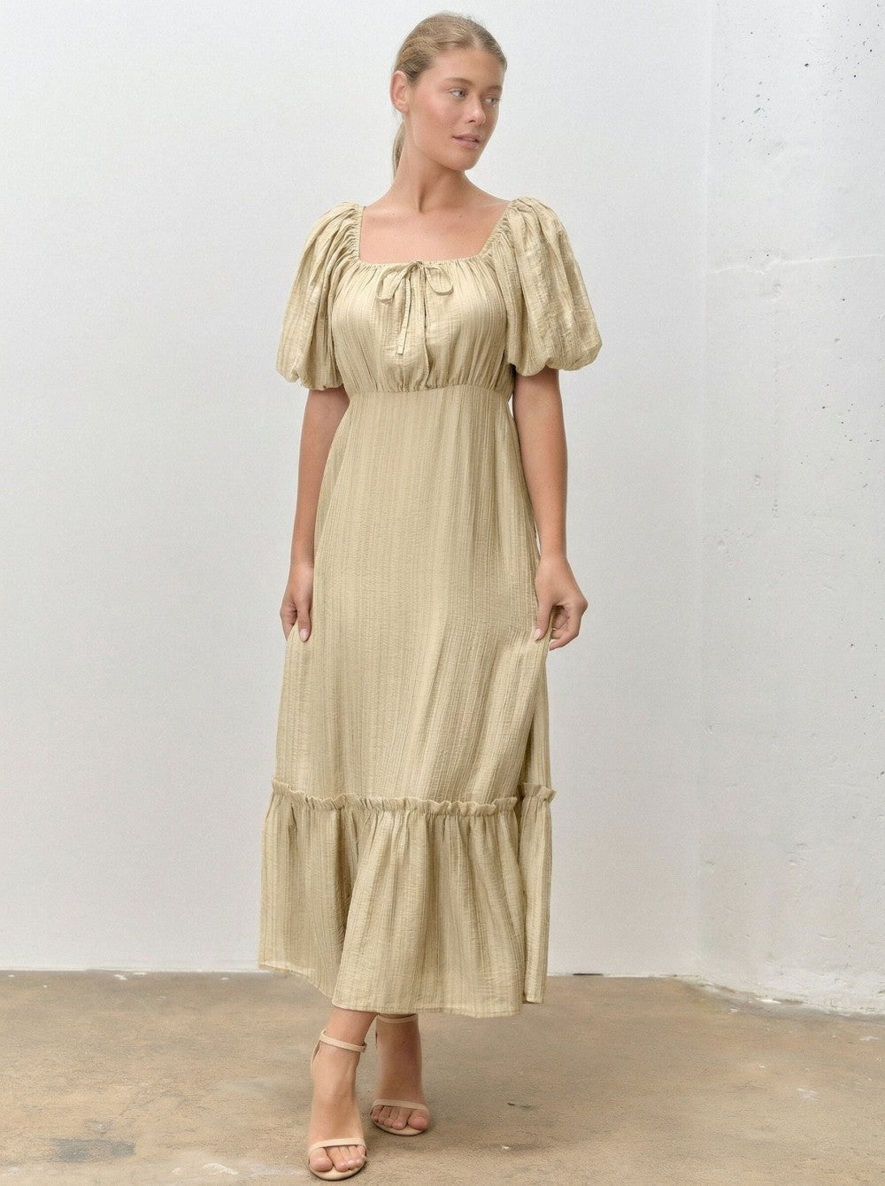 Beige Textured Woven Square Neck Midi Dress