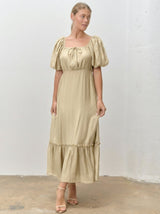 Beige Textured Woven Square Neck Midi Dress