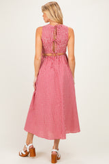 Red Gingham Smocked Cutout Tie Back Maternity Maxi Dress