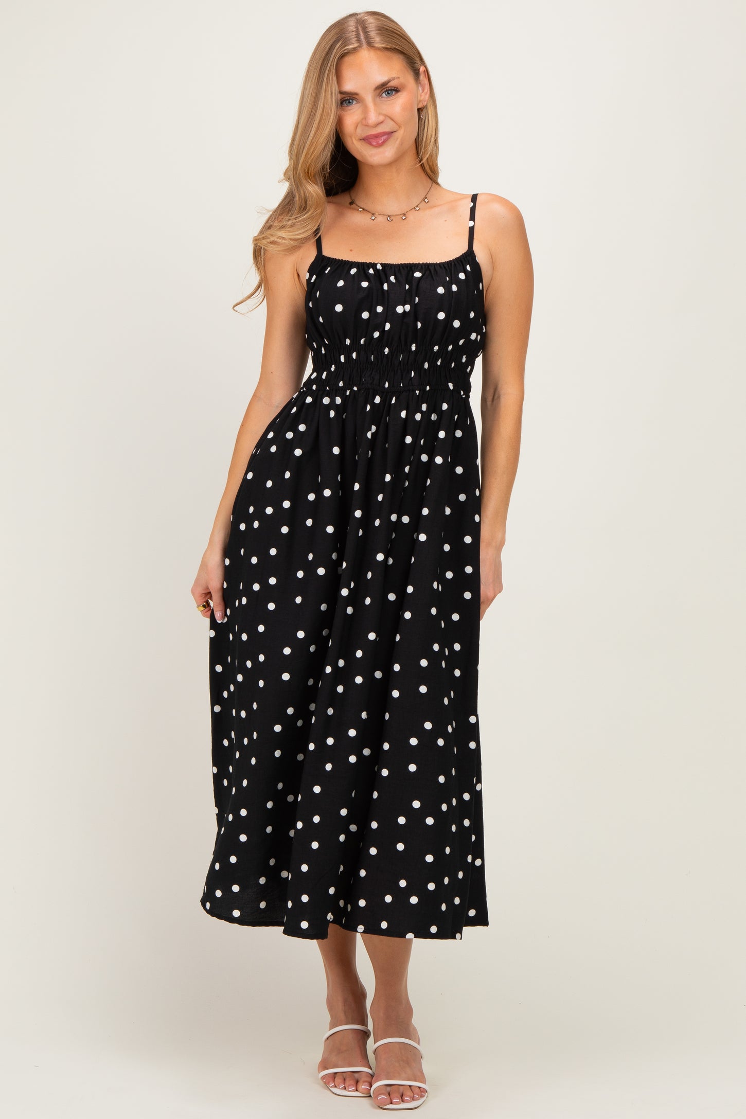 Black Polka Dot Shirred Waist Midi Dress