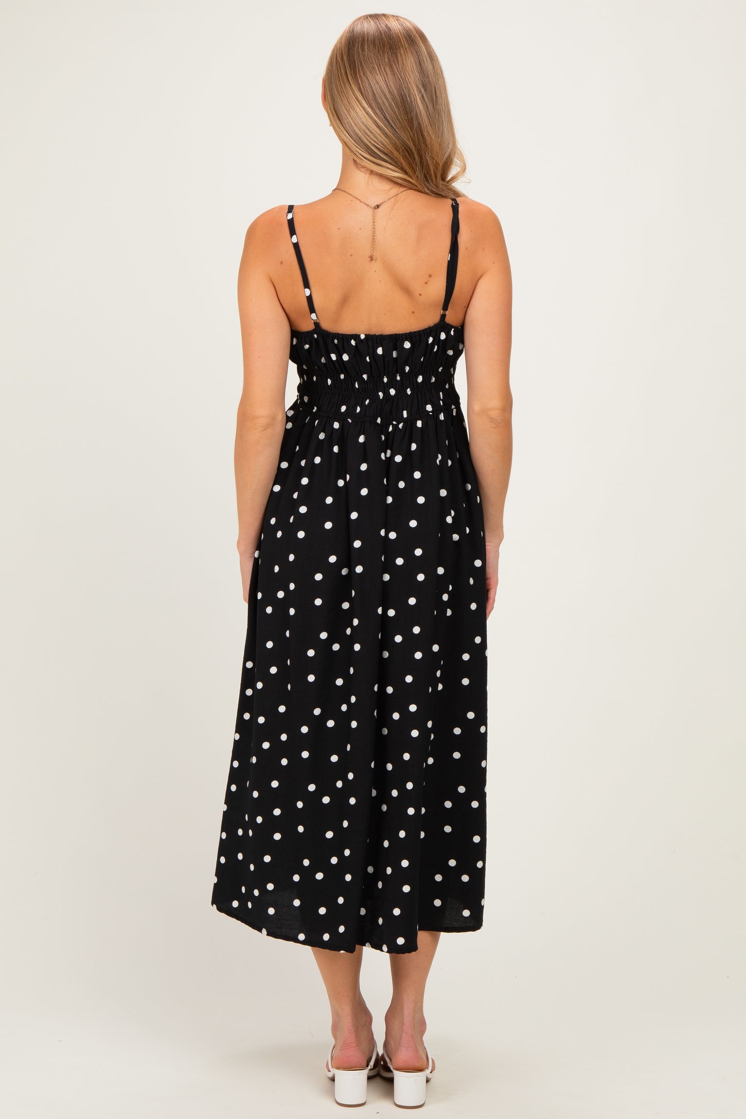 Black Polka Dot Shirred Waist Midi Dress