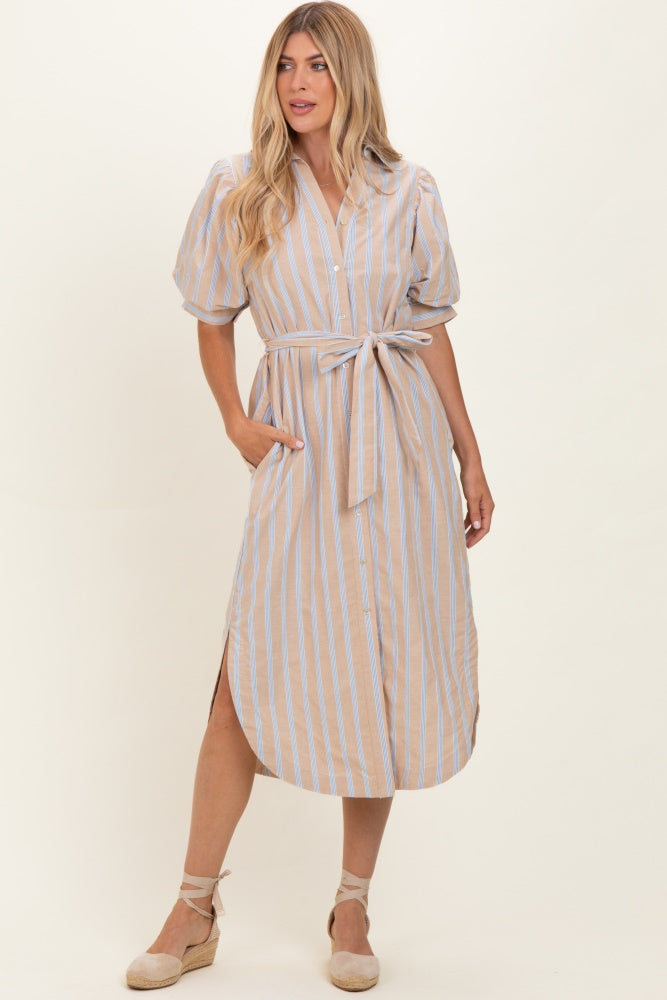 Sand Striped Puff Sleeve Midi Shirt Dress