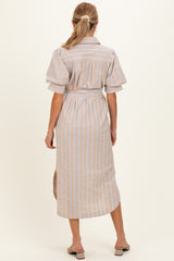 Sand Striped Puff Sleeve Maternity Midi Shirt Dress